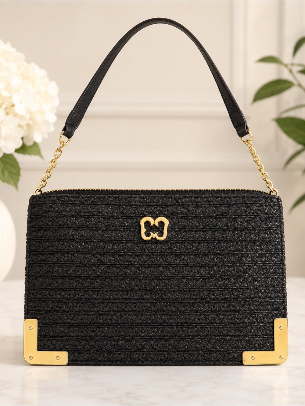 Eric Javits New York Black Woven Shoulder Bag Gold Chain Hardware Evening Purse